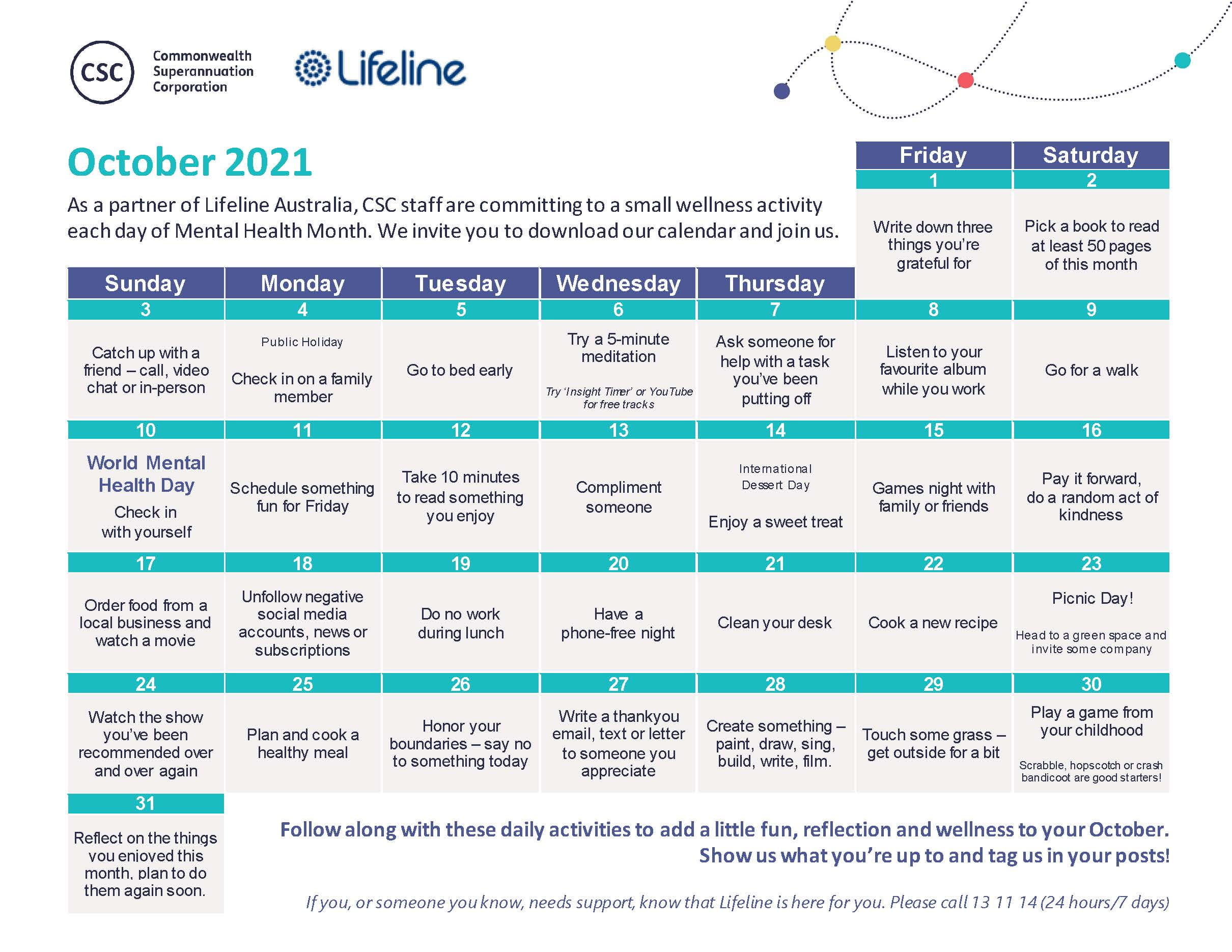 CSC Mental Health Month Calendar