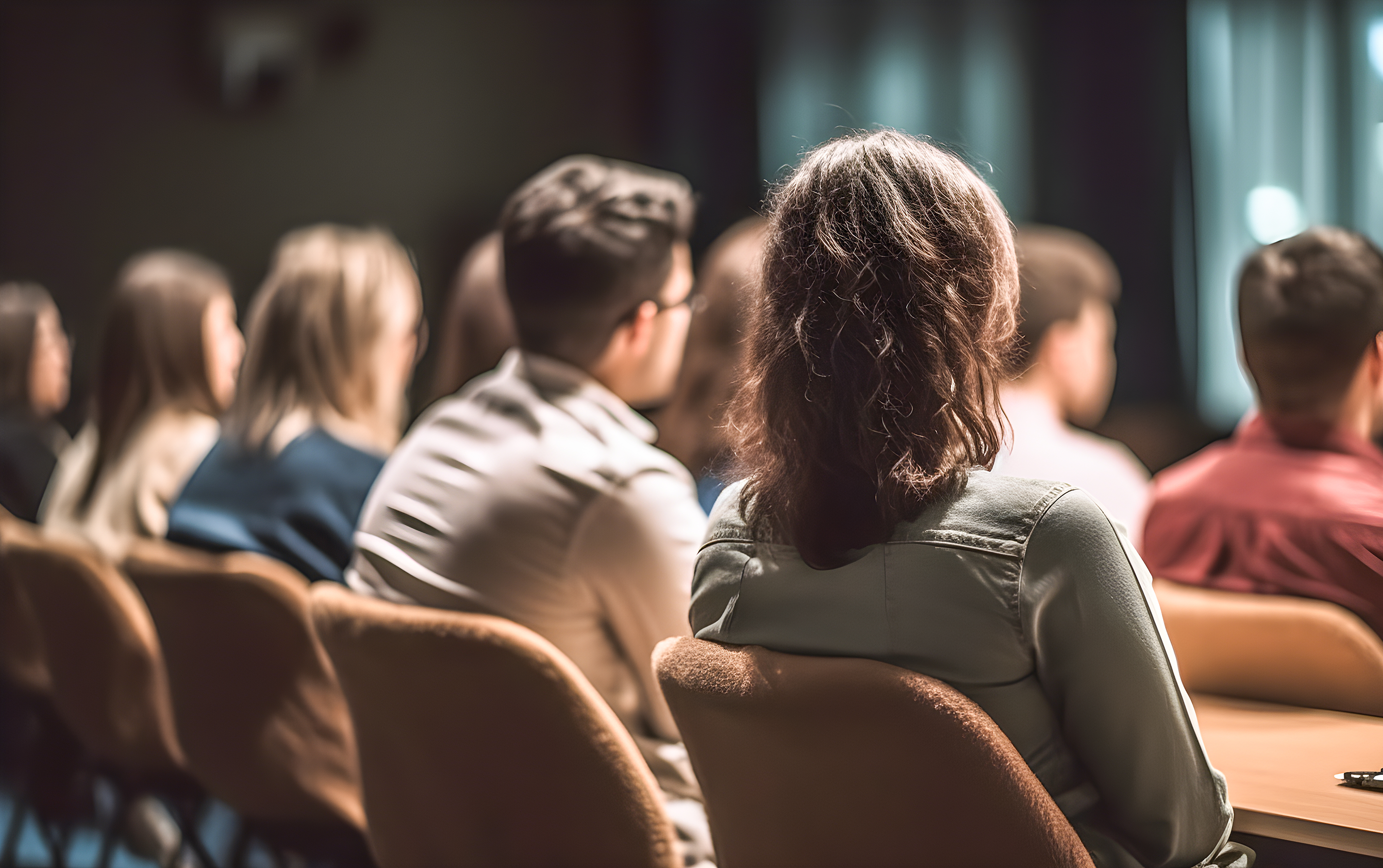 Audience members looking at a presenter at an event