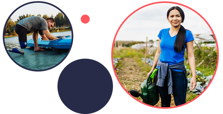 On one side of the picture a man is cleaning a canoe, on the other side a woman is holding a watering can in front of a garden